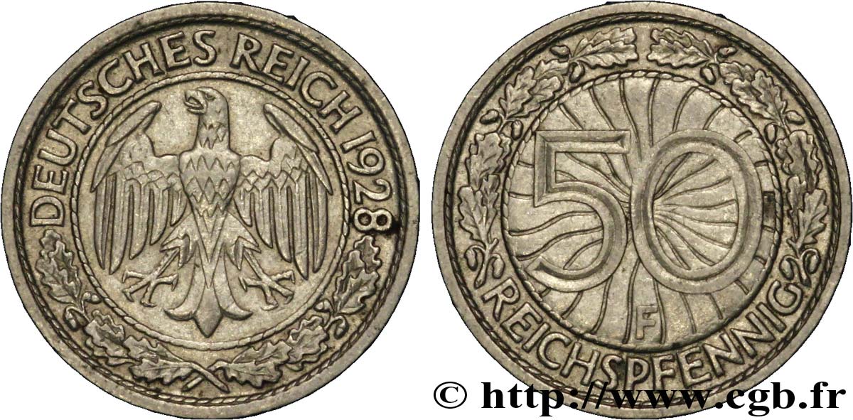 DEUTSCHLAND 50 Reichspfennig aigle 1928 Stuttgart - F fVZ 