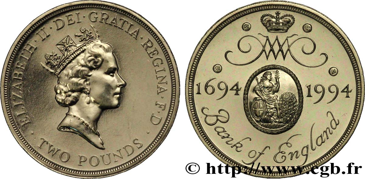 REGNO UNITO 2 Livres Proof 300e anniversaire de la Banque d’Angleterre : Elizabeth II / colombe 1994  FDC 