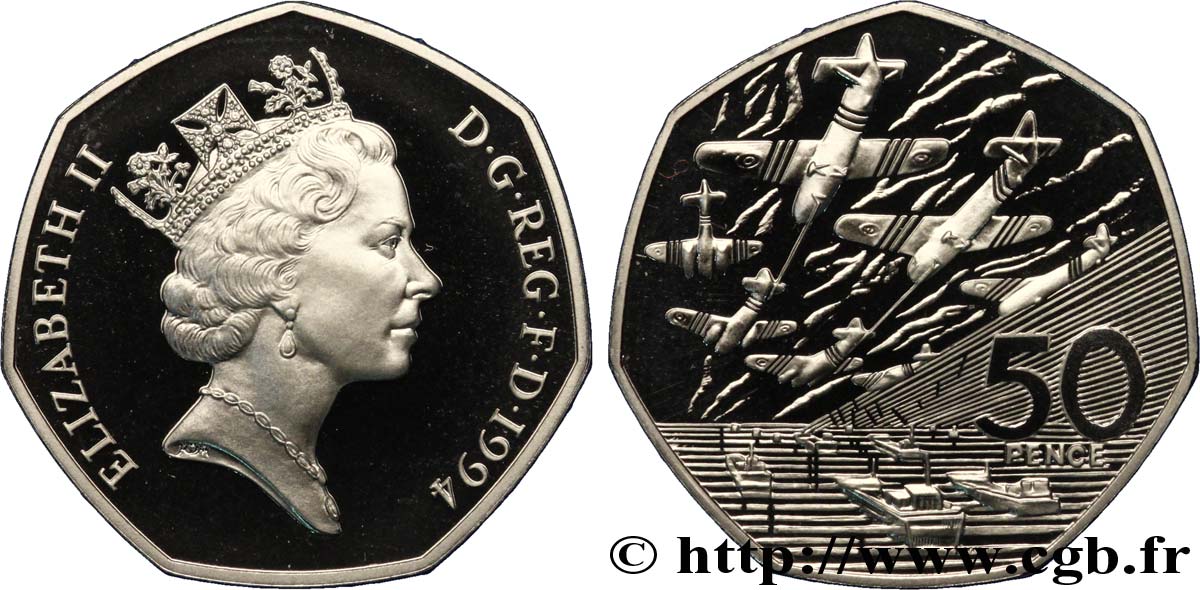 ROYAUME-UNI 50 Pence Proof 50e anniversaire du débarquement en Normandie Elisabeth II / avions et navires 1994  FDC 