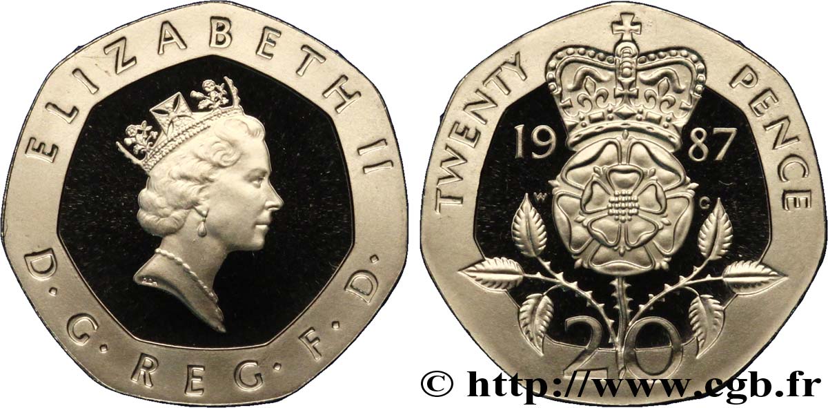 REINO UNIDO 20 Pence Proof Elisabeth II / emblème à la rose 1987  FDC 