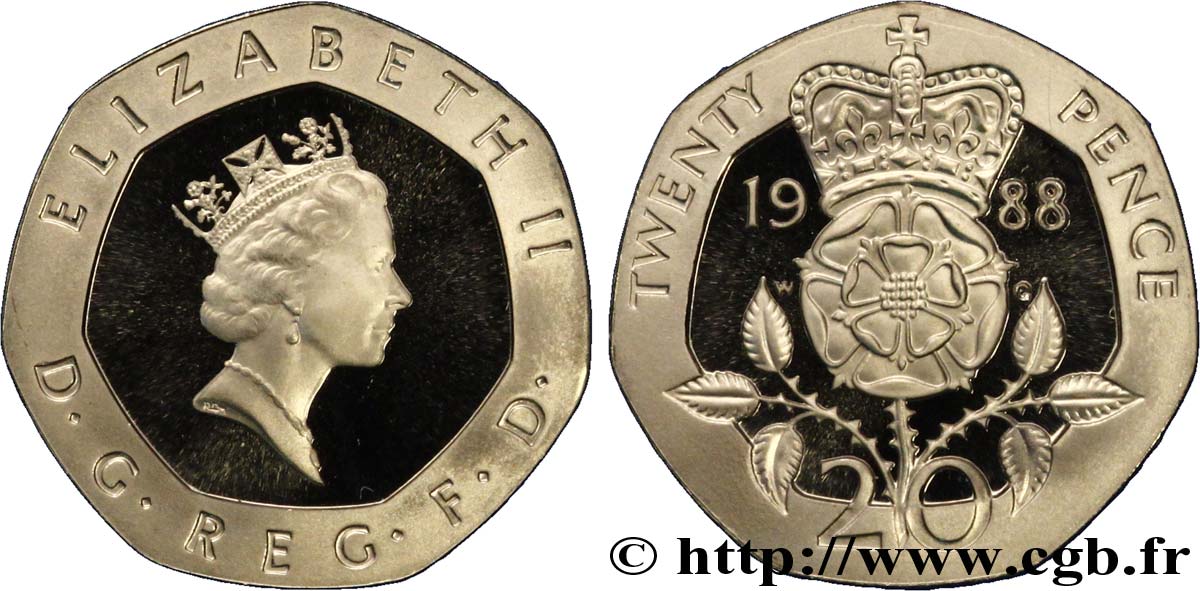 VEREINIGTEN KÖNIGREICH 20 Pence Proof Elisabeth II / emblème à la rose 1988  ST 
