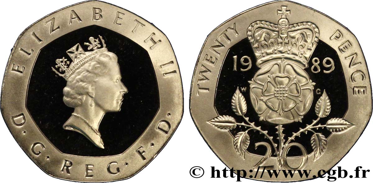 VEREINIGTEN KÖNIGREICH 20 Pence Proof Elisabeth II / emblème à la rose 1989  ST 