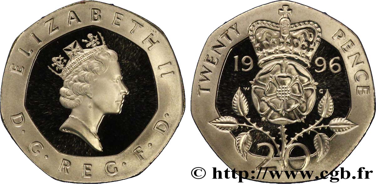 REINO UNIDO 20 Pence Proof Elisabeth II / emblème à la rose 1996  FDC 