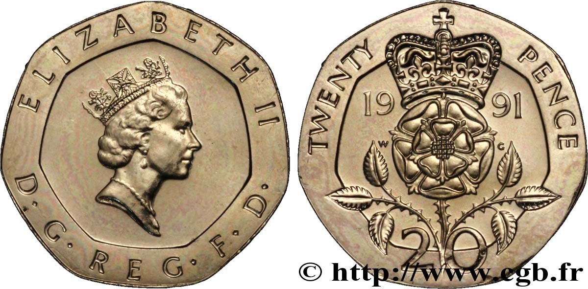 VEREINIGTEN KÖNIGREICH 20 Pence Elisabeth II / emblème à la rose 1991  ST 