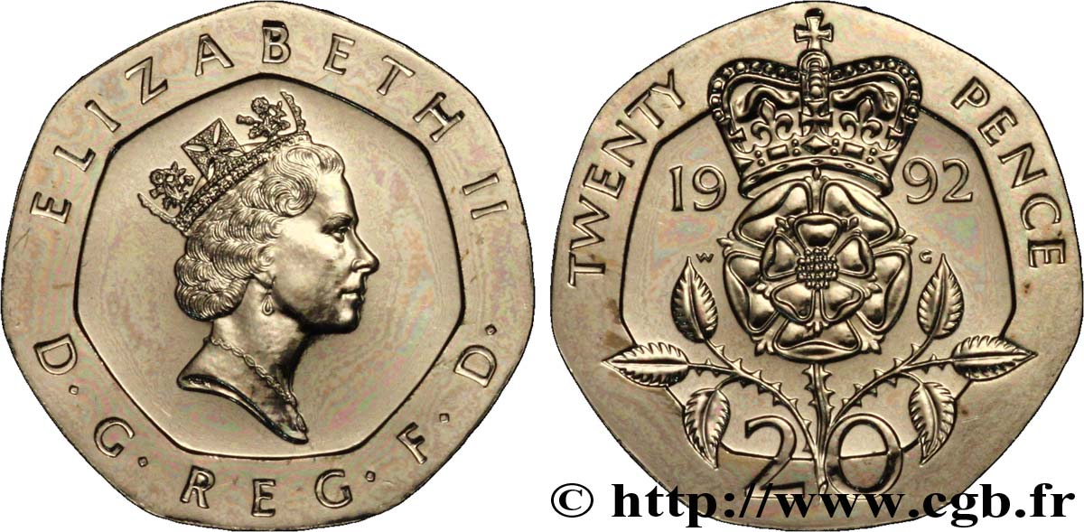 VEREINIGTEN KÖNIGREICH 20 Pence Elisabeth II / emblème à la rose 1992  ST 