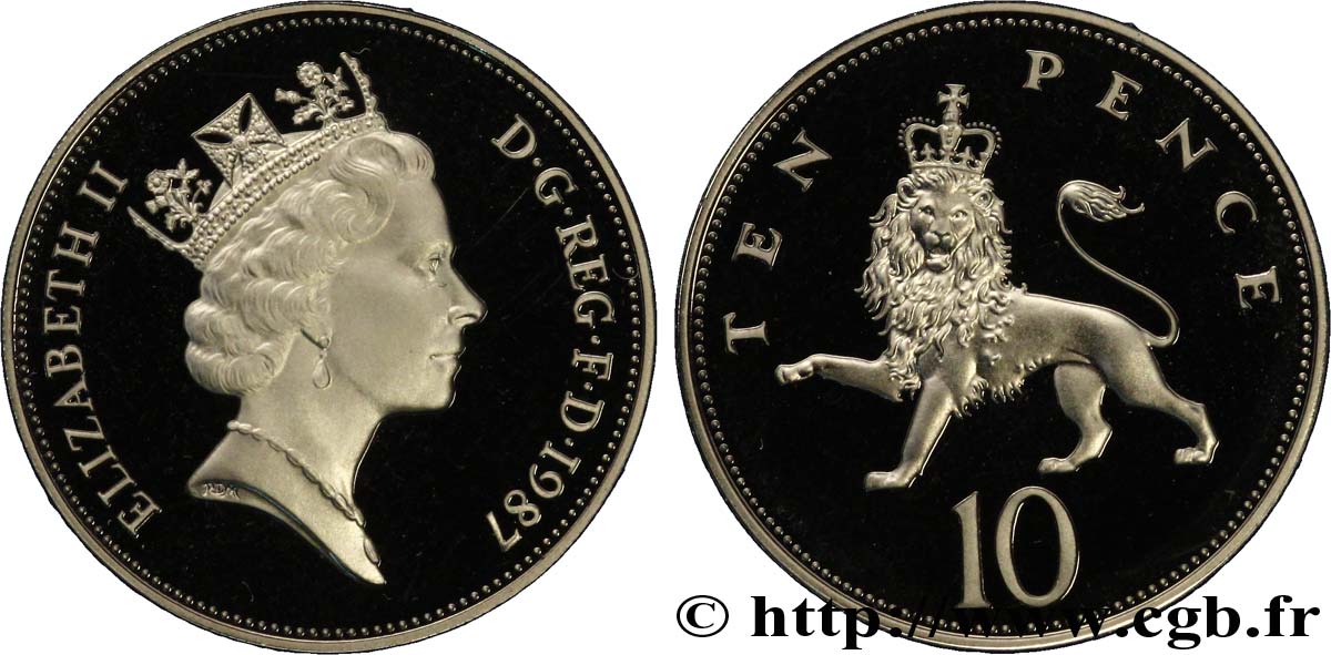 VEREINIGTEN KÖNIGREICH 10 Pence Proof Elisabeth II / lion couronné 1987  ST 
