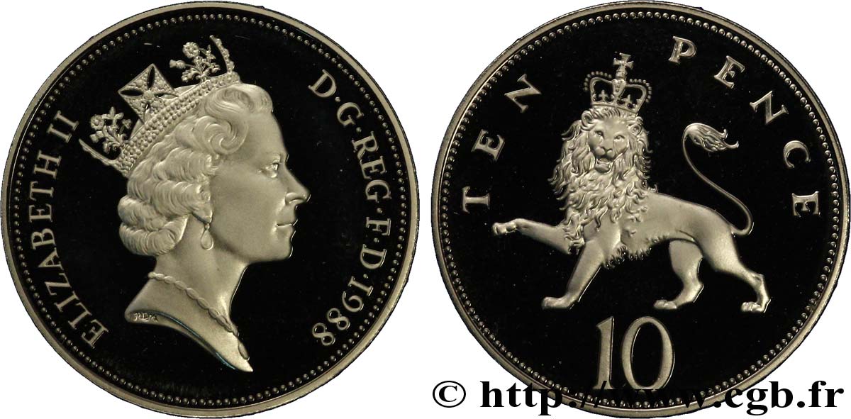 VEREINIGTEN KÖNIGREICH 10 Pence Proof Elisabeth II / lion couronné 1988  ST 