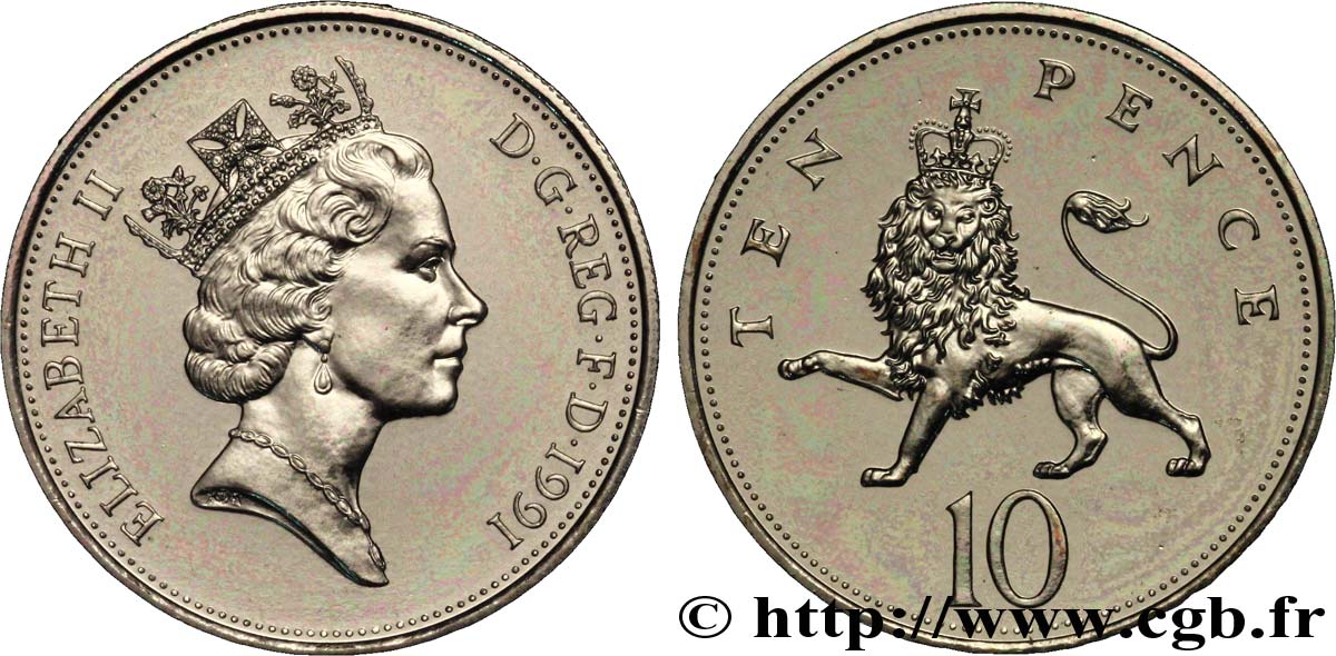 VEREINIGTEN KÖNIGREICH 10 Pence Elisabeth II / lion couronné 1991  ST 