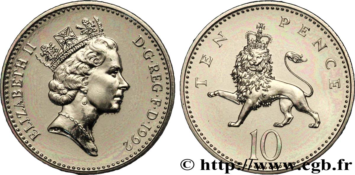 VEREINIGTEN KÖNIGREICH 10 Pence Elisabeth II / lion couronné 1992  ST 