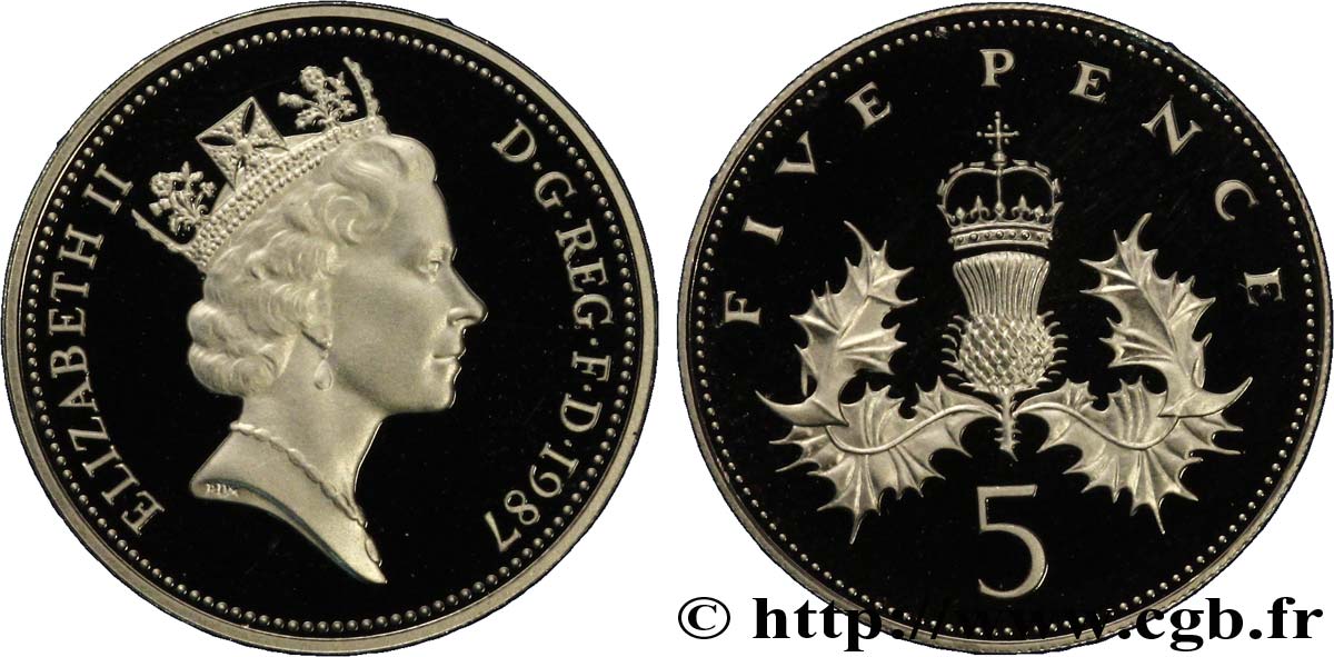 REINO UNIDO 5 Pence Proof Elisabeth II / chardon couronné 1987  FDC 