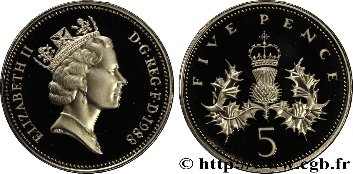 REINO UNIDO 5 Pence Proof Elisabeth II / chardon couronné 1988  FDC 
