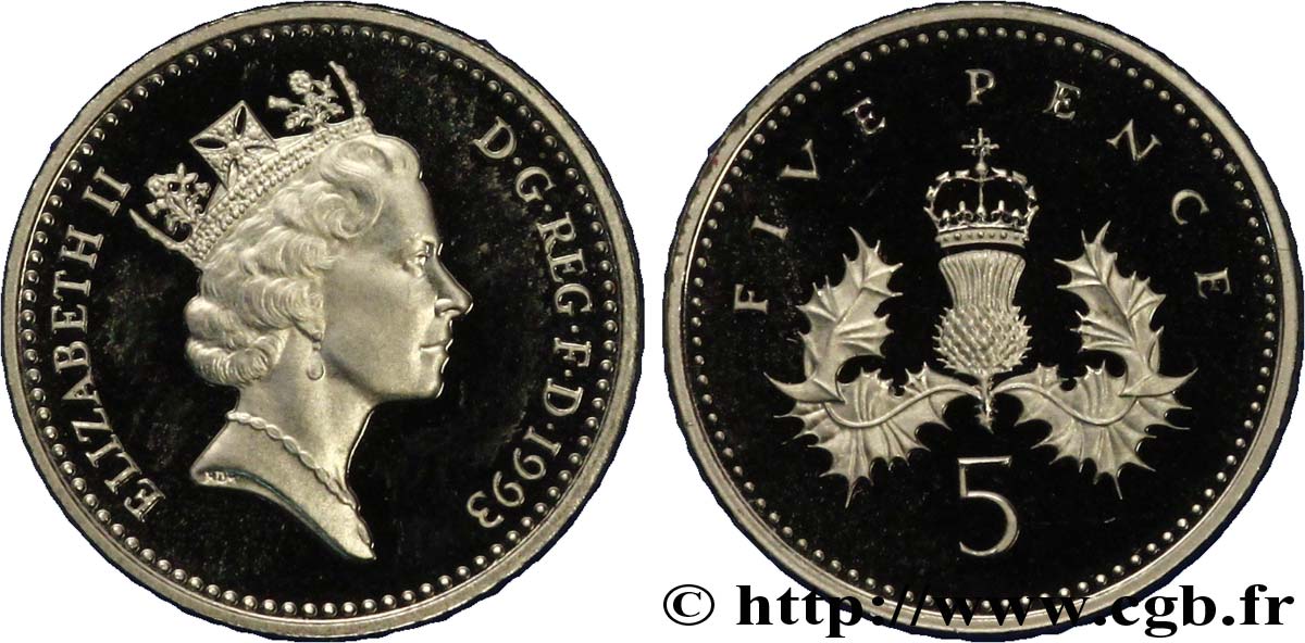 VEREINIGTEN KÖNIGREICH 5 Pence Proof Elisabeth II / chardon couronné 1993  ST 