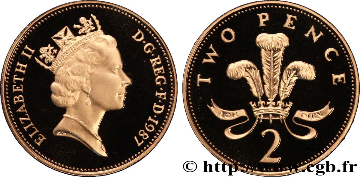 VEREINIGTEN KÖNIGREICH 2 Pence Proof Elisabeth II / insigne des Princes de Galles 1987  ST 