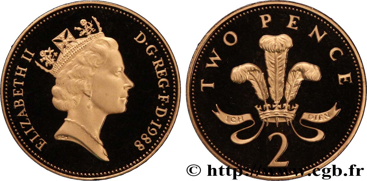 VEREINIGTEN KÖNIGREICH 2 Pence Proof Elisabeth II / insigne des Princes de Galles 1988  ST 
