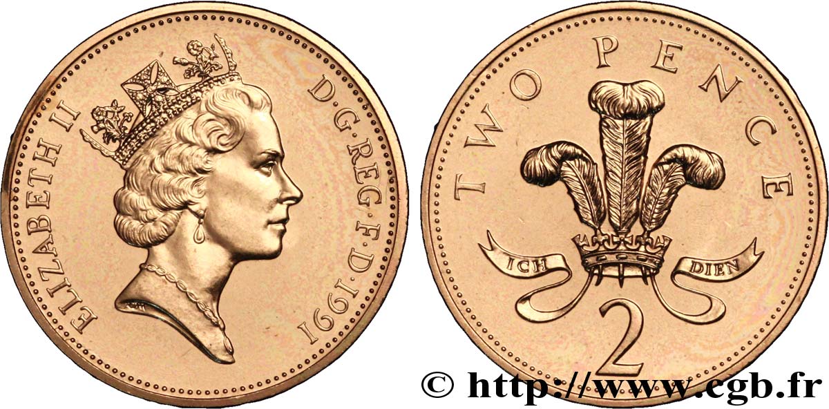 VEREINIGTEN KÖNIGREICH 2 Pence Elisabeth II / insigne des Princes de Galles 1991  ST 