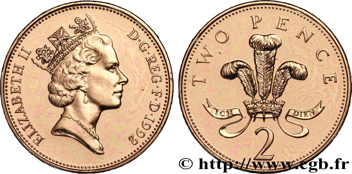 VEREINIGTEN KÖNIGREICH 2 Pence Elisabeth II / insigne des Princes de Galles 1992  ST 