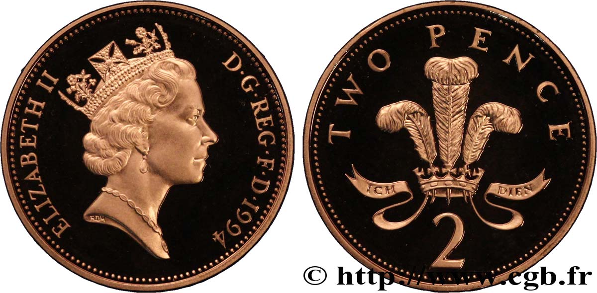 VEREINIGTEN KÖNIGREICH 2 Pence Proof Elisabeth II / insigne des Princes de Galles 1994  ST 