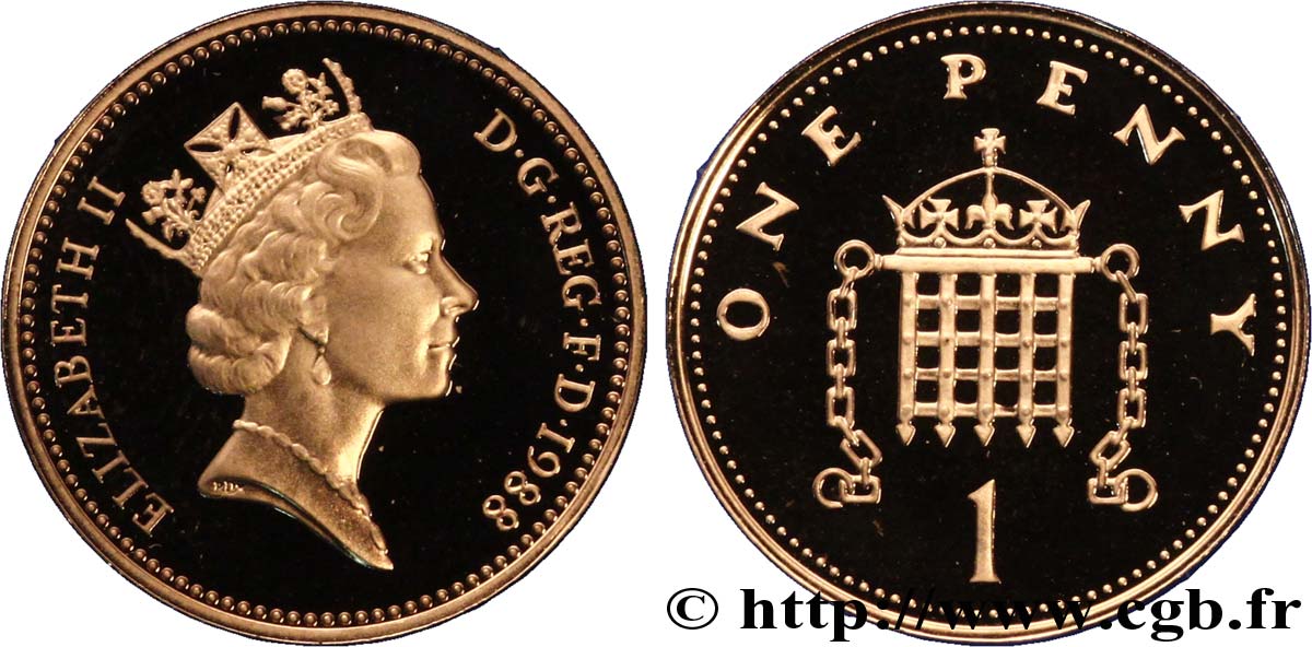 UNITED KINGDOM 1 Penny Proof Elisabeth II / herse couronnée 1988  MS 
