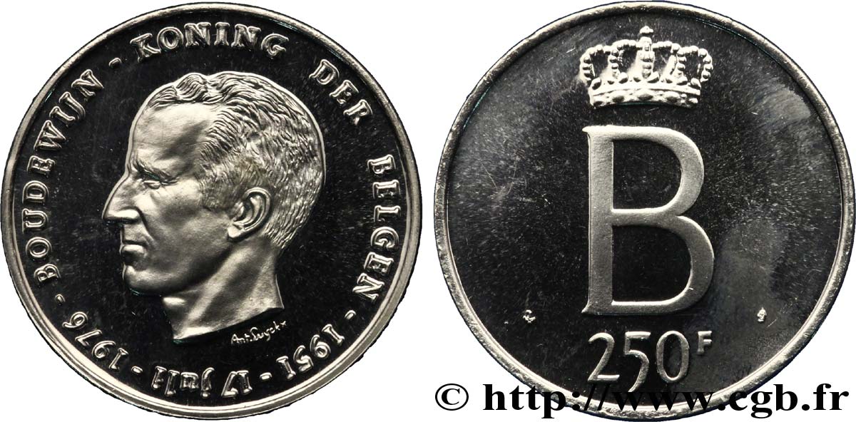 BELGIEN 250 Francs Proof jubilé d’argent du roi Baudouin légende flamande 1976 Bruxelles VZ 