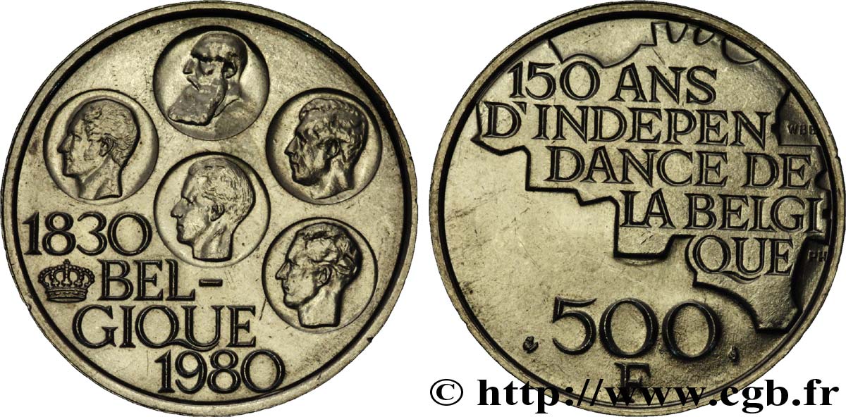 BÉLGICA 500 Francs légende française 150e anniversaire de l’indépendance, portrait des 5 rois / carte de Belgique 1980 Bruxelles EBC 