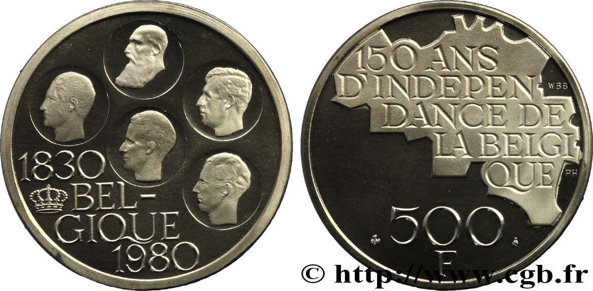 BELGIEN 500 Francs Proof légende française 150e anniversaire de l’indépendance, portrait des 5 rois / carte de Belgique 1980 Bruxelles fST 