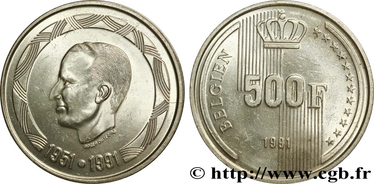BÉLGICA 500 Francs Proof légende allemande 40 ans de règne du roi Baudouin 1991 Bruxelles SC 