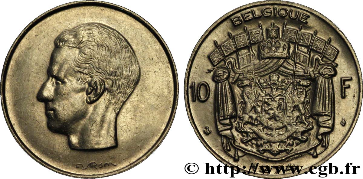BELGIEN 10 Francs roi Baudouin légende française 1974 Bruxelles VZ 