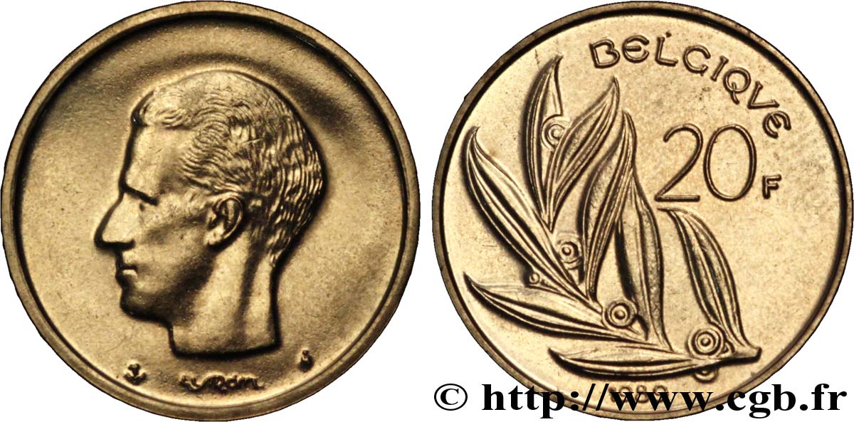 BELGIEN 20 Francs légende française Baudouin 1989  VZ 