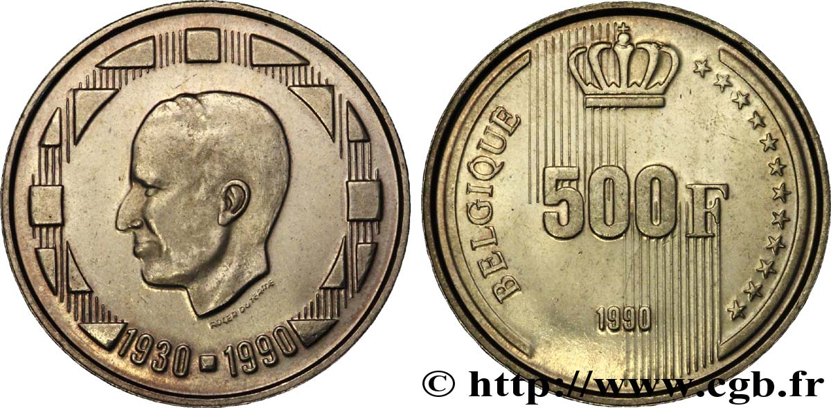 BELGIEN 500 Francs Proof légende française 60e anniversaire du roi Baudouin 1990 Bruxelles VZ 
