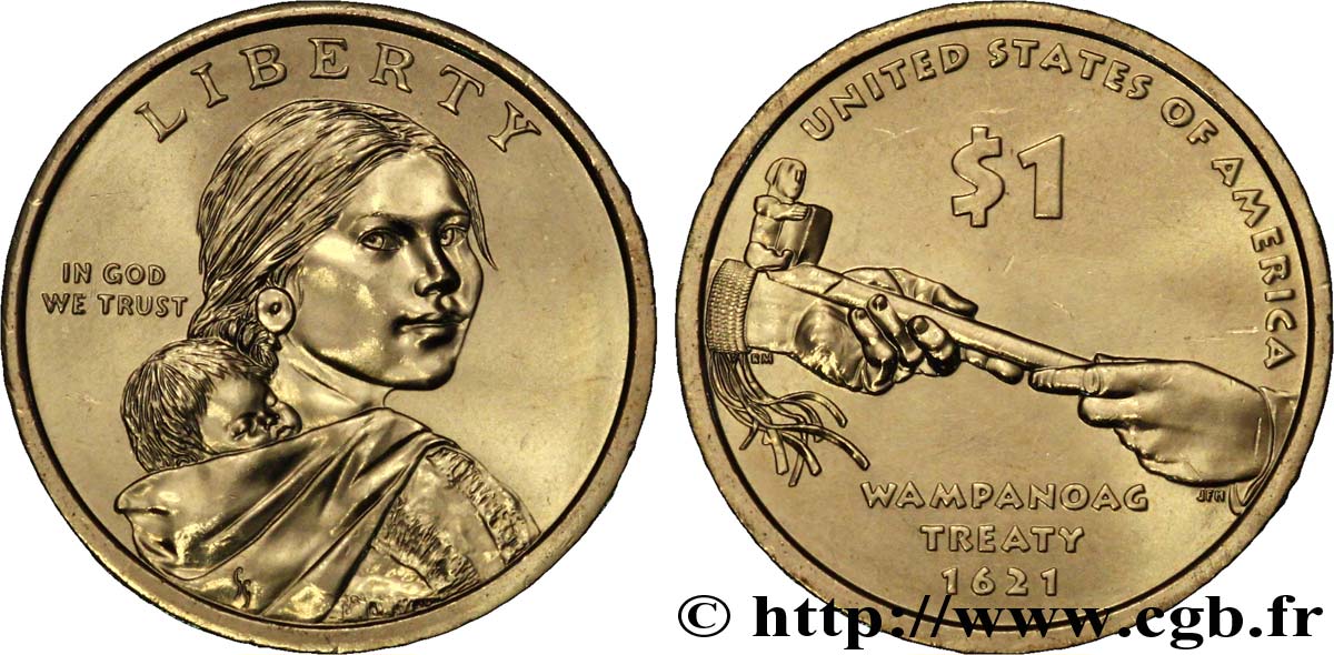 STATI UNITI D AMERICA 1 Dollar Sacagawea / Traité de Wampanoag  type tranche B 2011 Philadelphie - P MS 