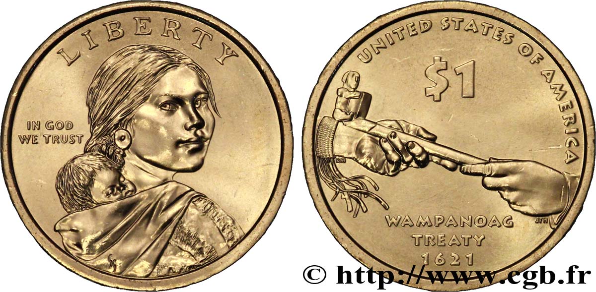 UNITED STATES OF AMERICA 1 Dollar Sacagawea / Traité de Wampanoag  type tranche B 2011 Denver MS 