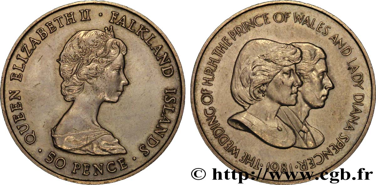 FALKLAND 50 Pence Élisabeth II - mariage de Charles et Diana 1981  AU 