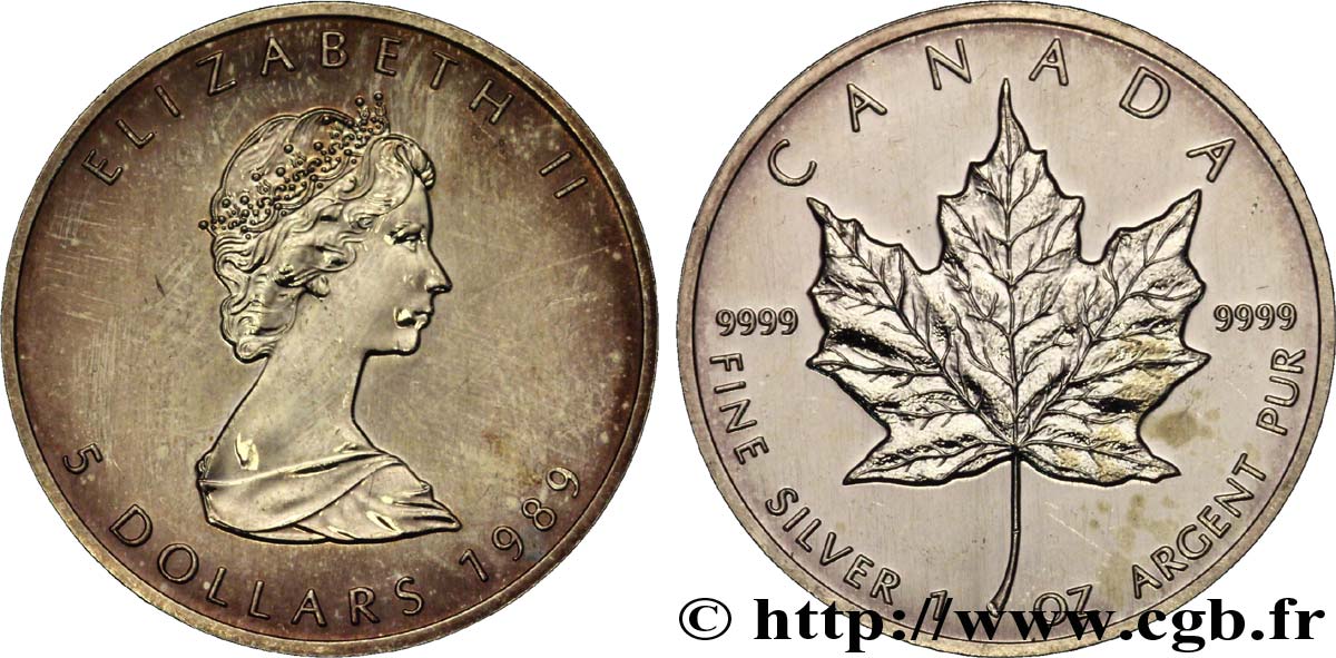 KANADA 5 Dollars (1 once) feuille d’érable / Elisabeth II 1989  VZ 