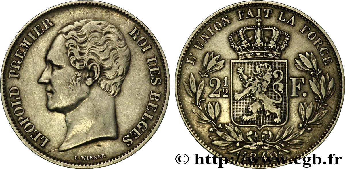 BELGIQUE 2 1/2 Francs type petite tête nue Léopold Ier / écu couronné 1849 Bruxelles TTB 