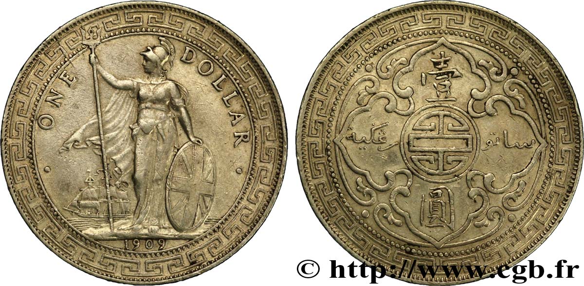UNITED KINGDOM 1 Dollar Britannia debout avec voilier 1909 Bombay AU 