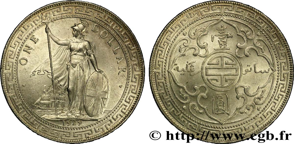 ROYAUME-UNI 1 Dollar Britannia debout avec voilier 1929 Bombay SUP 