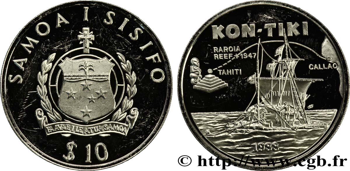 SAMOA 10 Tala Proof expédition du Kon-Tiki: emblème / vue eet parcours du radeau 1988  EBC 