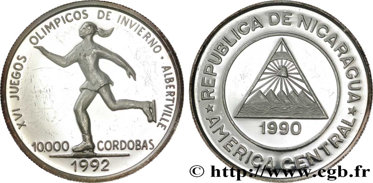 NIKARAGUA 10000 Cordobas Proof Jeux Olympiques d’hiver- Albertville : emblème / patineuse 1990  VZ 