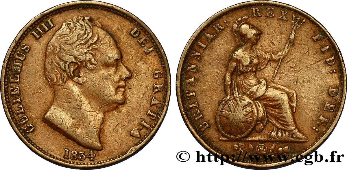 UNITED KINGDOM 1/2 Penny Guillaume IV / Britannia 1834  XF 