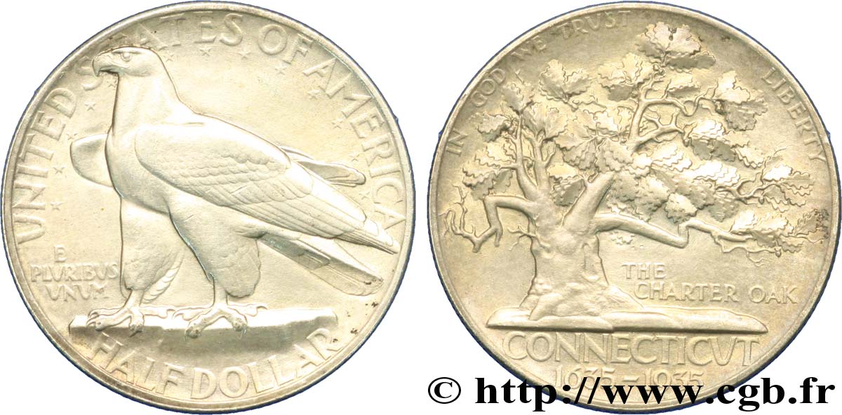 UNITED STATES OF AMERICA 1/2 Dollar 300e anniversaire de la fondation du Connecticut, aigle / Charter Oak 1935 Philadelphie AU 