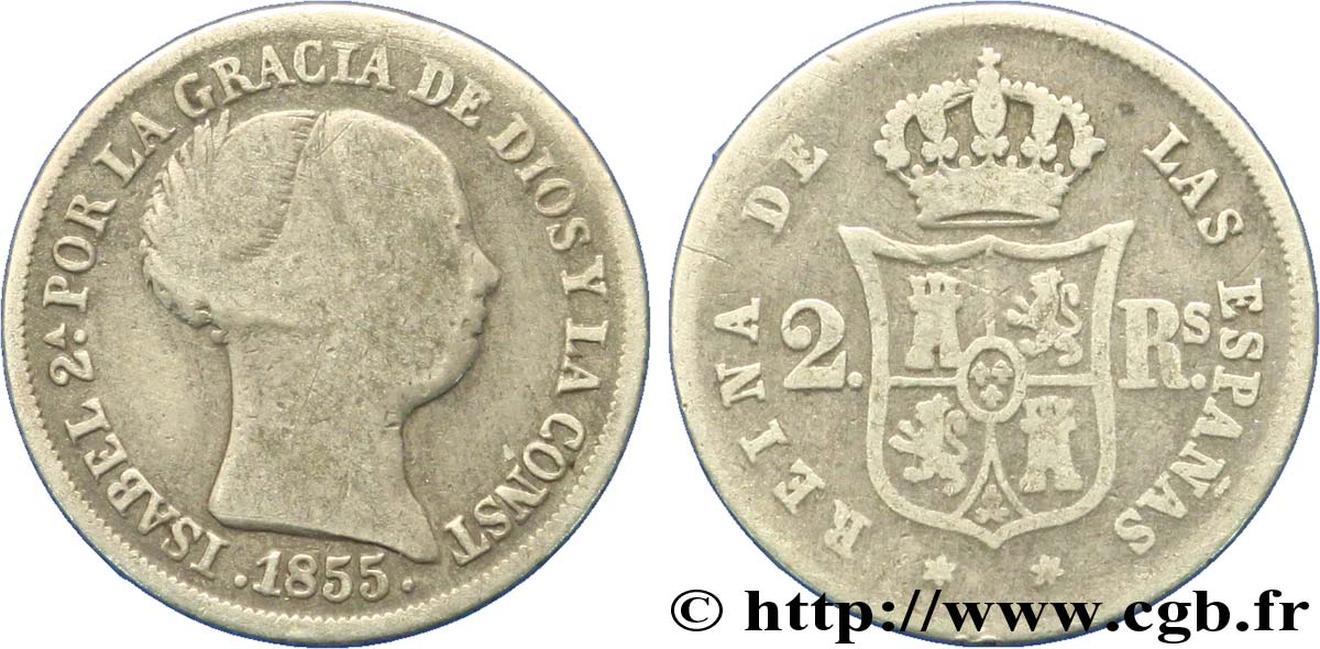 SPAIN 2 Reales  Isabelle II  1855 Madrid VF 