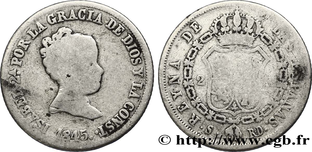 SPAIN 2 Reales Isabelle II / écu couronné et collier RD 1845 Séville VF 
