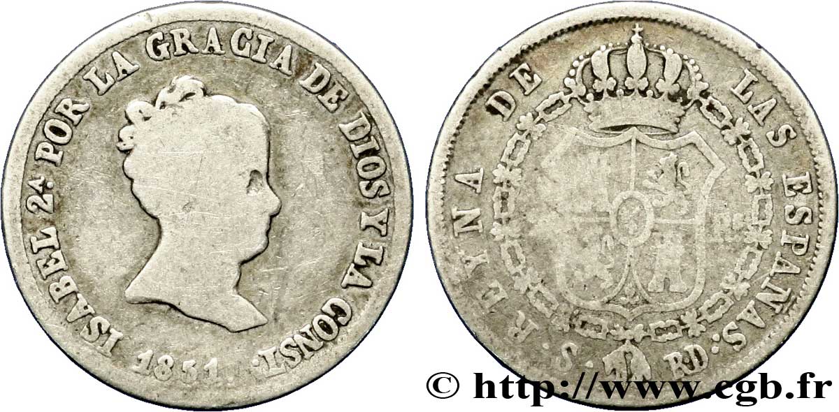 SPAIN 2 Reales  Isabelle II / écu couronné et collier RD 1851 Séville VF 