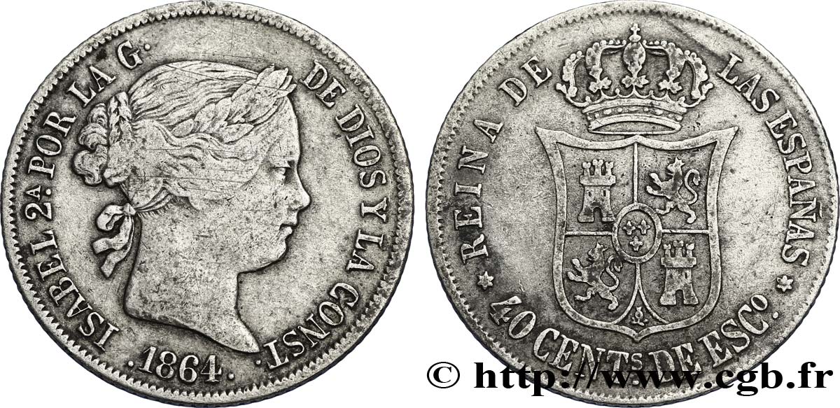 SPAIN 40 Centimos Isabelle II  1864 Madrid XF 