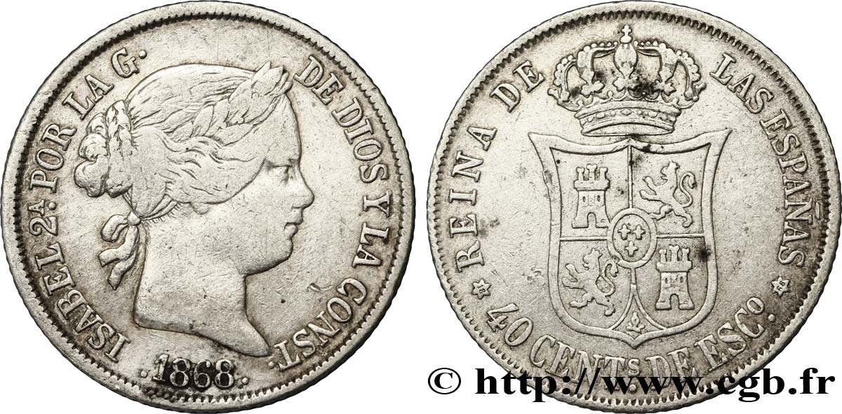 SPANIEN 40 Centimos Isabelle II  1868 Madrid SS 