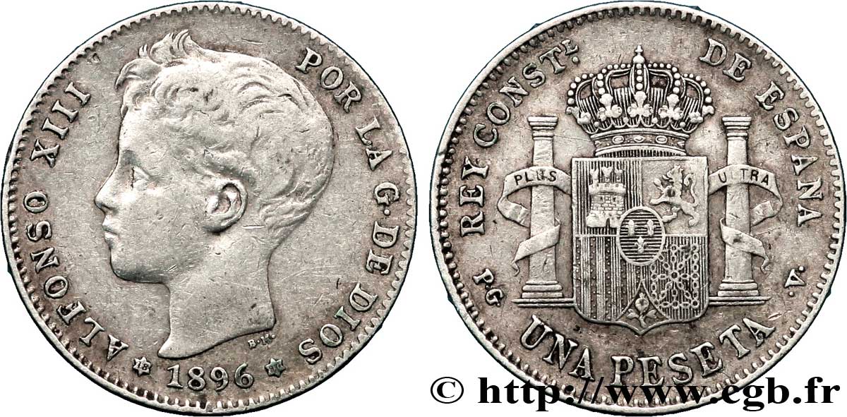 ESPAÑA 1 Peseta Alphonse XIII 3e type de buste / emblème couronné 1896 Madrid MBC 