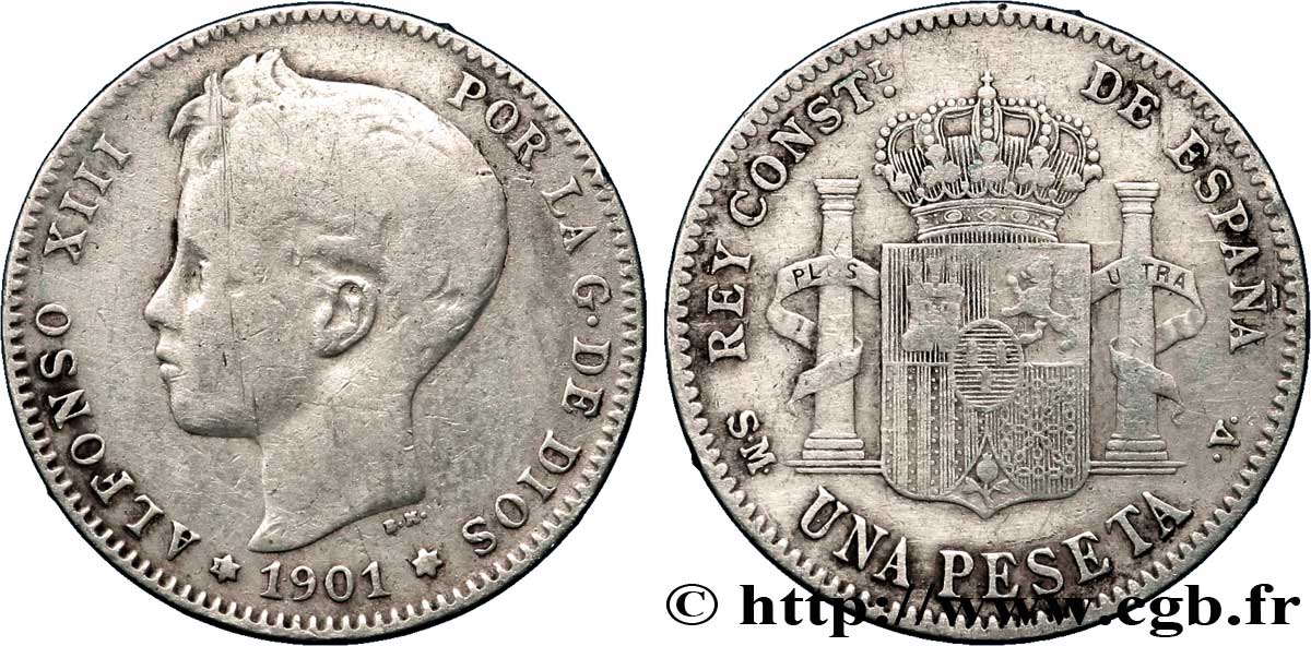 ESPAÑA 1 Peseta Alphonse XIII 3e type de buste / emblème couronné 1901 Madrid BC+ 