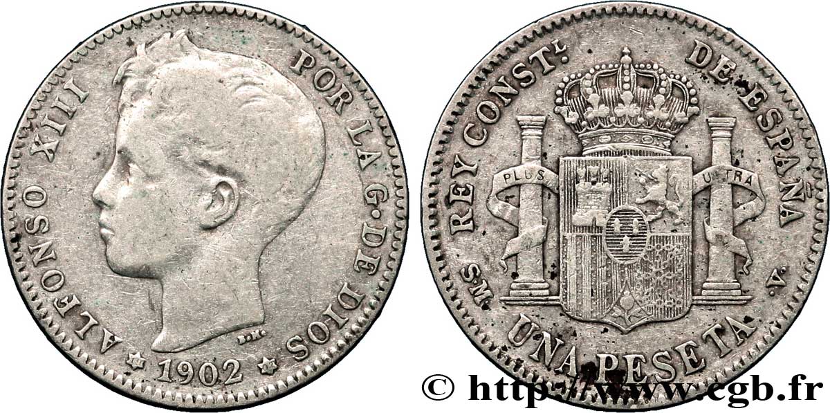 ESPAÑA 1 Peseta Alphonse XIII 3e type de buste / emblème couronné 1902 Madrid BC+ 