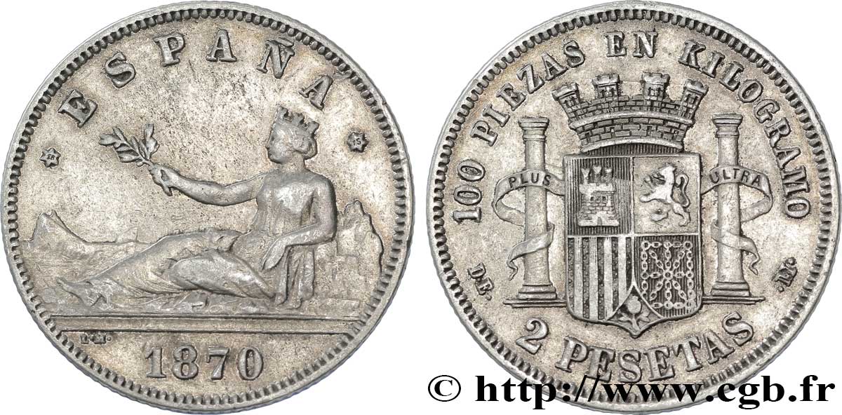SPAIN 2 Pesetas “ESPAÑA” allongée / emblème (1875) 1870 Madrid XF 