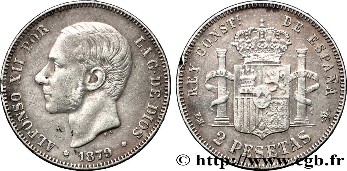 SPANIEN 2 Pesetas Alphonse XII / emblème couronné (1879) 1879  SS 